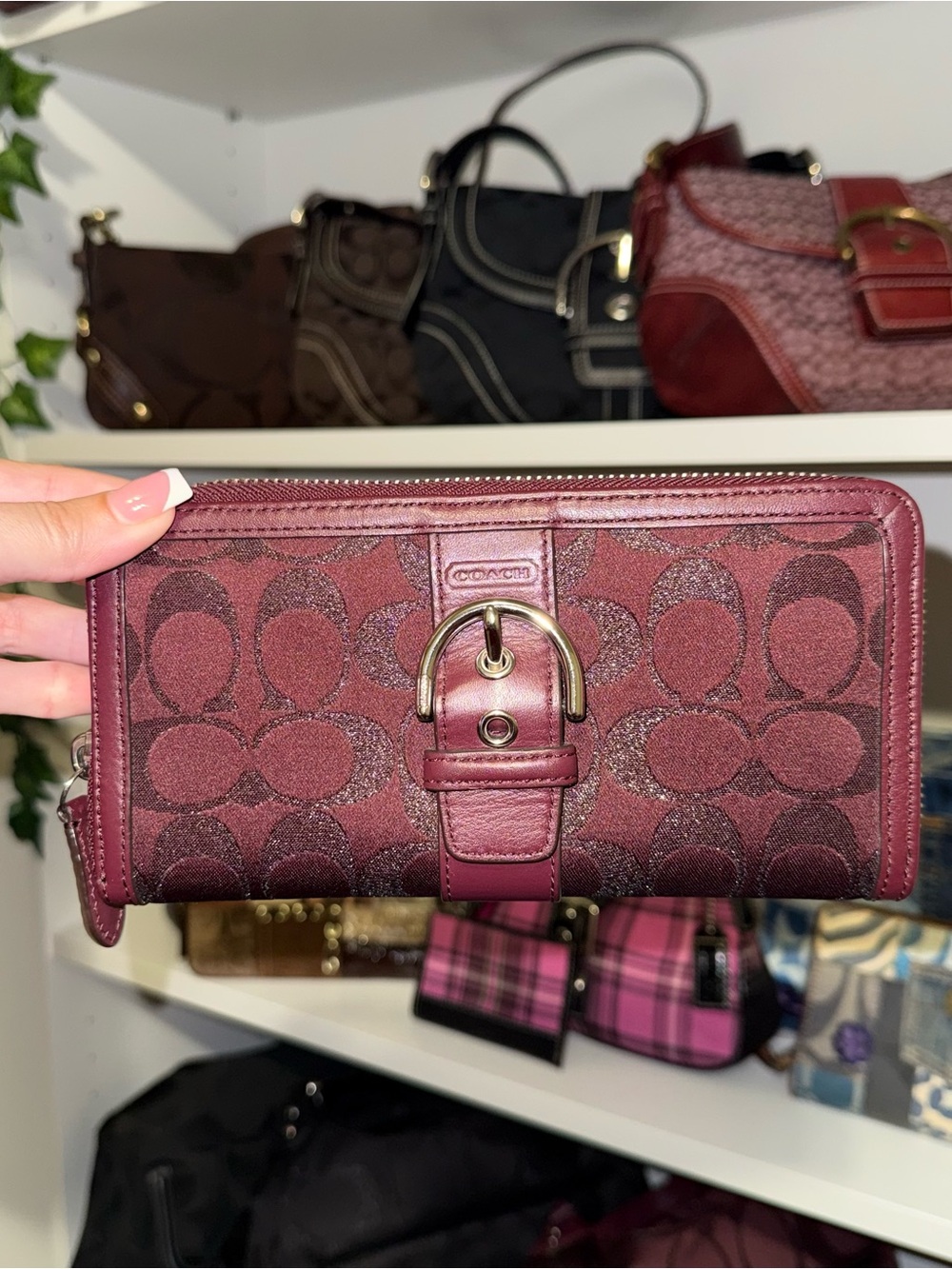Coach Campbell Signature Metallic Buckle Zip-Around Wallet in Bourdeux